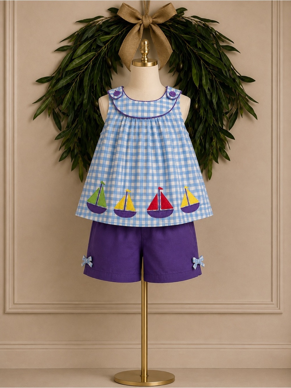 Baby Boden Sailboat Blue White Gingham Top & Cropped Pants
